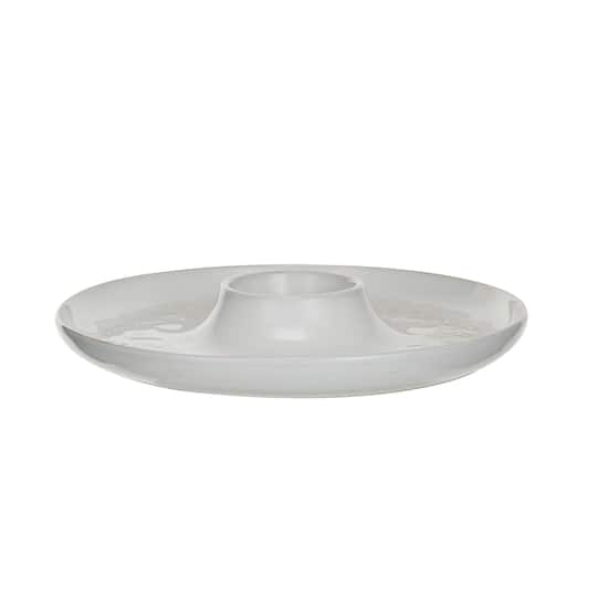 Hello Honey® 13.5" White Round Debossed Stoneware Chip & Dip with Pine Boughs in Reactive Glaze